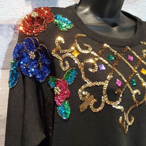 Vintage SML Glitz Black Sequin & Beaded Embellished Sweater, Sz - Picture 3 of 7